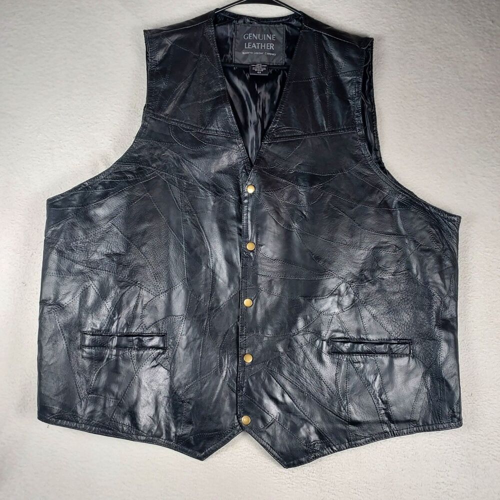 Navarre Leather Patchwork Vest Mens 4X Black Snap Front Biker Genuine
